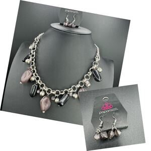 New Paparazzi Grand Canyon Grotto Black Purple Earrings Necklace Set
